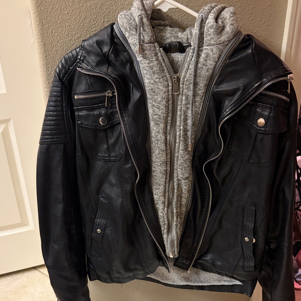 Women Black Leather Jacket with Gray Hoodie